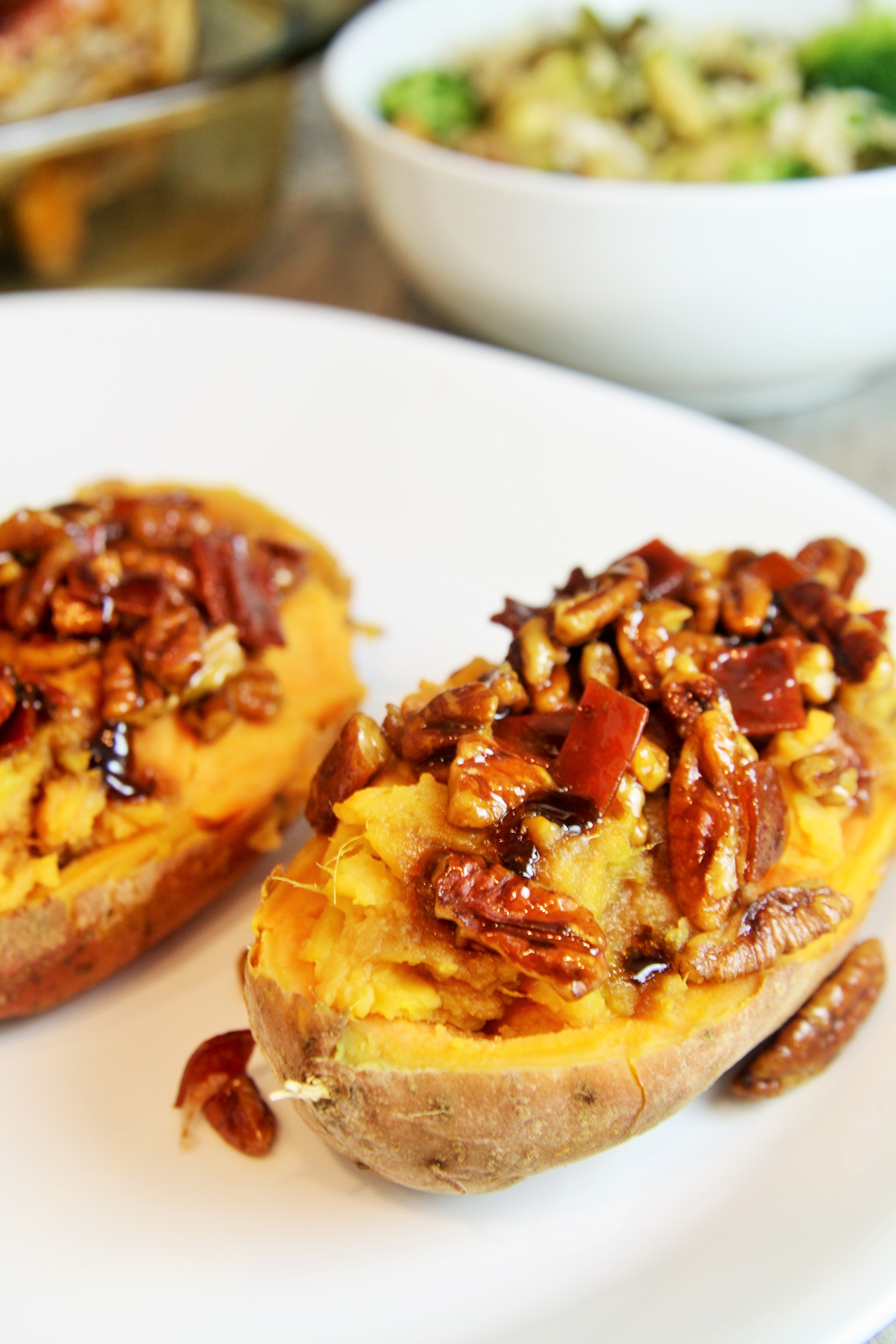 Twice Baked Sweet Potatoes Candied Bacon Pecans 2 The Tasty Bite
