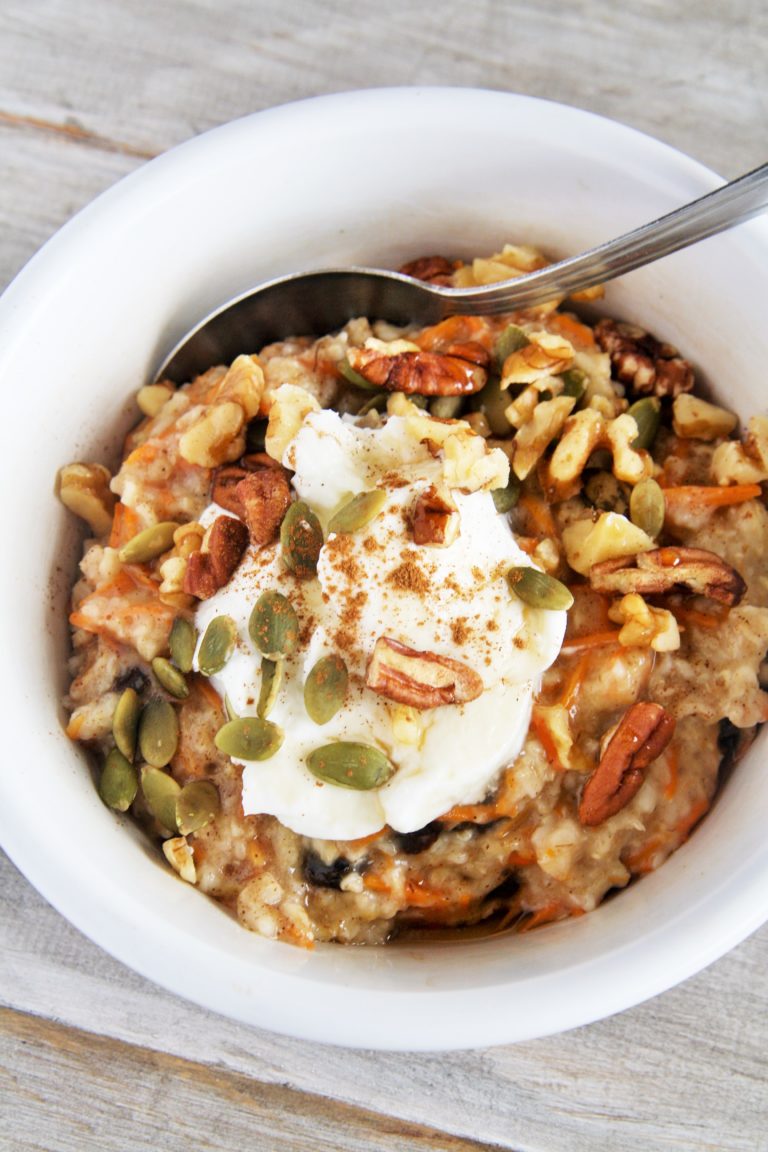 Carrot Cake Oatmeal with Maple Yogurt Frosting - The Tasty Bite