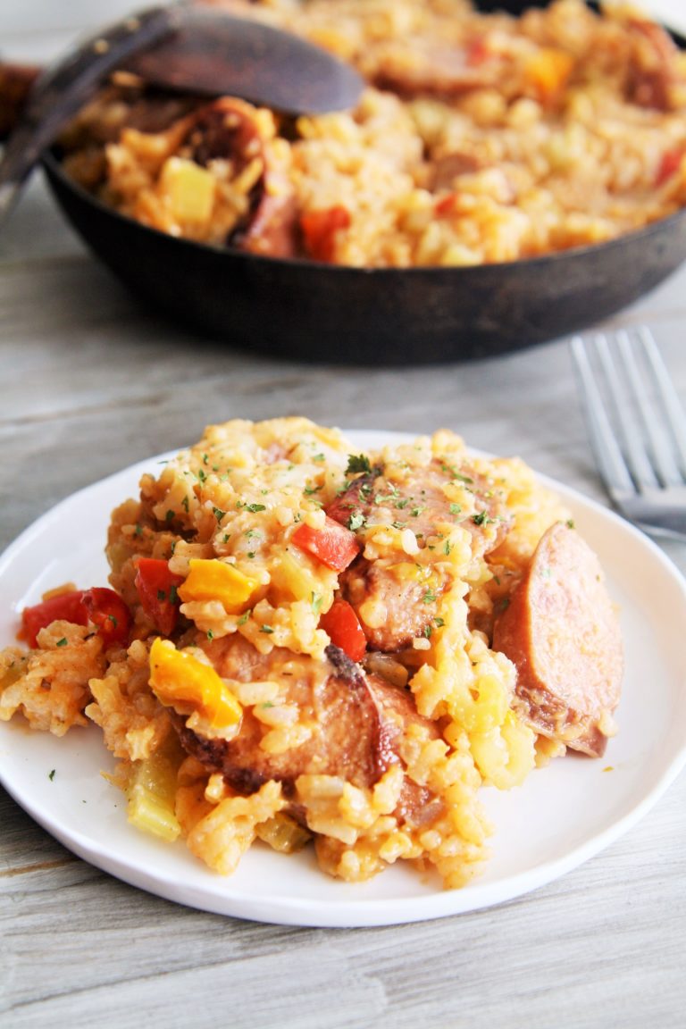 One Skillet Cajun Shrimp And Sausage Jambalaya The Tasty Bite