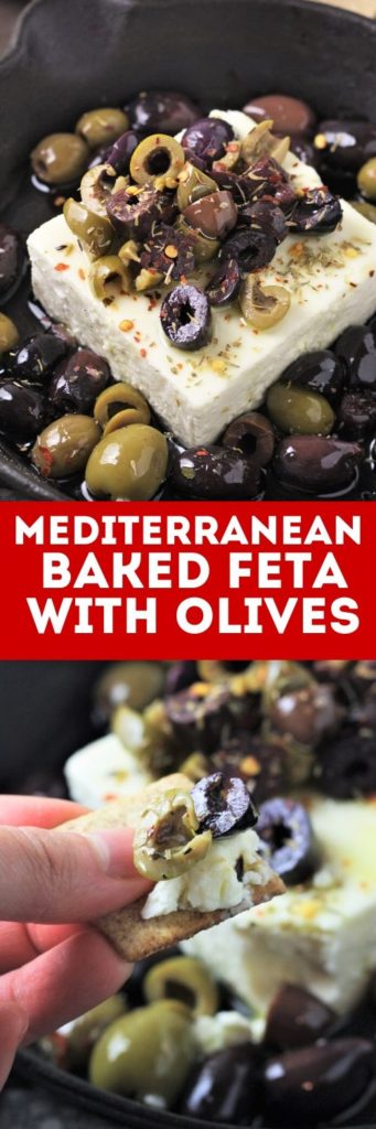 Mediterranean Baked Feta with Olives is a delicious yet simple Greek-inspired appetizer with savory feta paired with olives and a sprinkle of herbs!