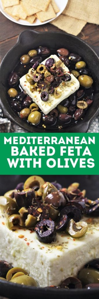 Mediterranean Baked Feta with Olives is a delicious yet simple Greek-inspired appetizer with savory feta paired with olives and a sprinkle of herbs!